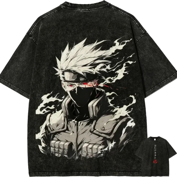 Camiseta Kakashi Hatake con Diseño de Ojo Sharingan, Estilo Vintage, Lavado Ácido, Streetwear, Oversize, Retro, Gráfico de Anime, Algodón, para Hombre